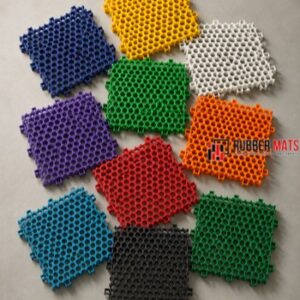 Coloured interlocking sport tiles with open-grid drainage design